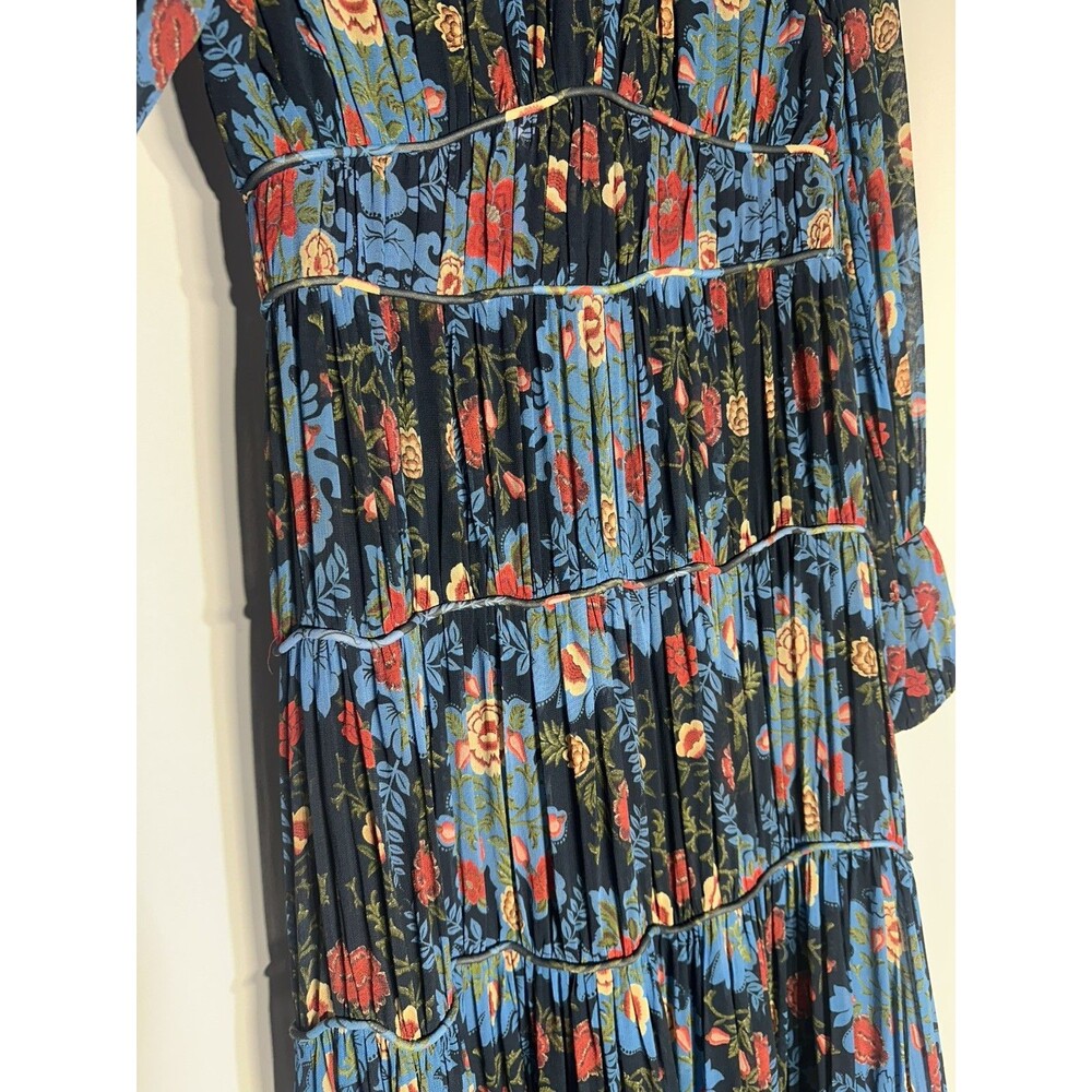 FARM Rio Arabesque Floral Tiered Maxi Dress Gown Blue Red Long Sleeve Size M - Picture 7 of 13
